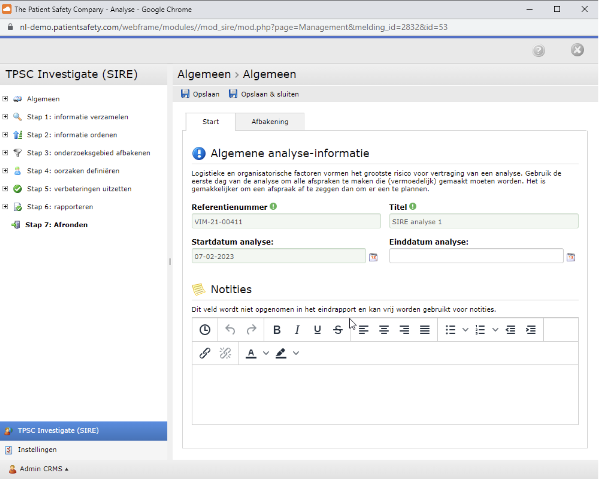 Screenshot van de integratie van SIRE in de TPSC Cloud software